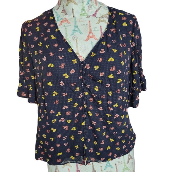 Madewell Tops - Madewell Sz 8 Silk Daylight Feline Floral Tie Sheer Short Sleeve Lined Blouse